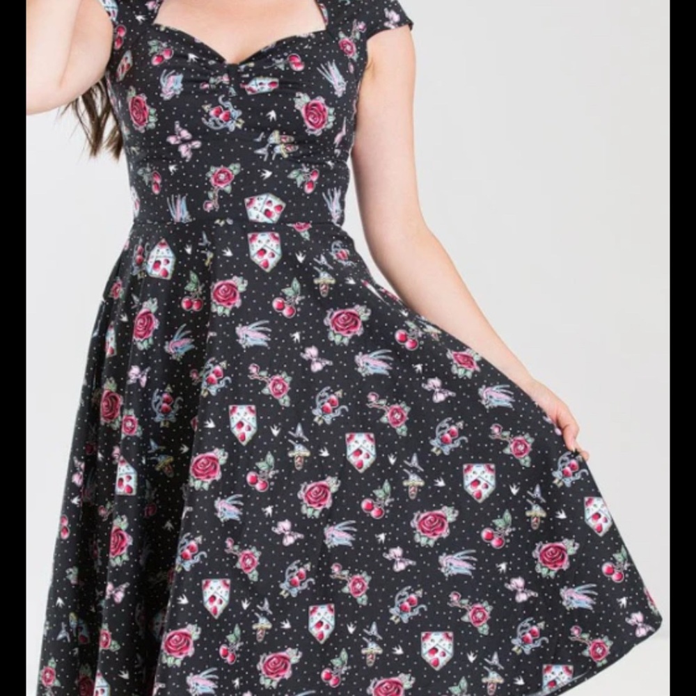Hell Bunny Black Dress with Floral Star Tatoo Print retro Pinup Rockabilly small